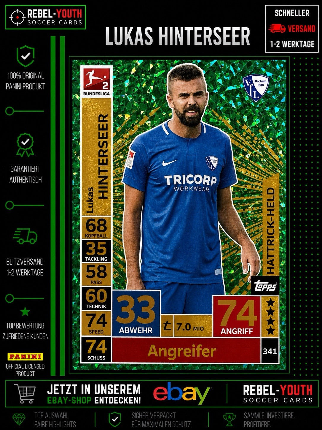 Lukas Hinterseer Hattrick-Held #341 Topps Match Attax 2018/19 VfL Bochum