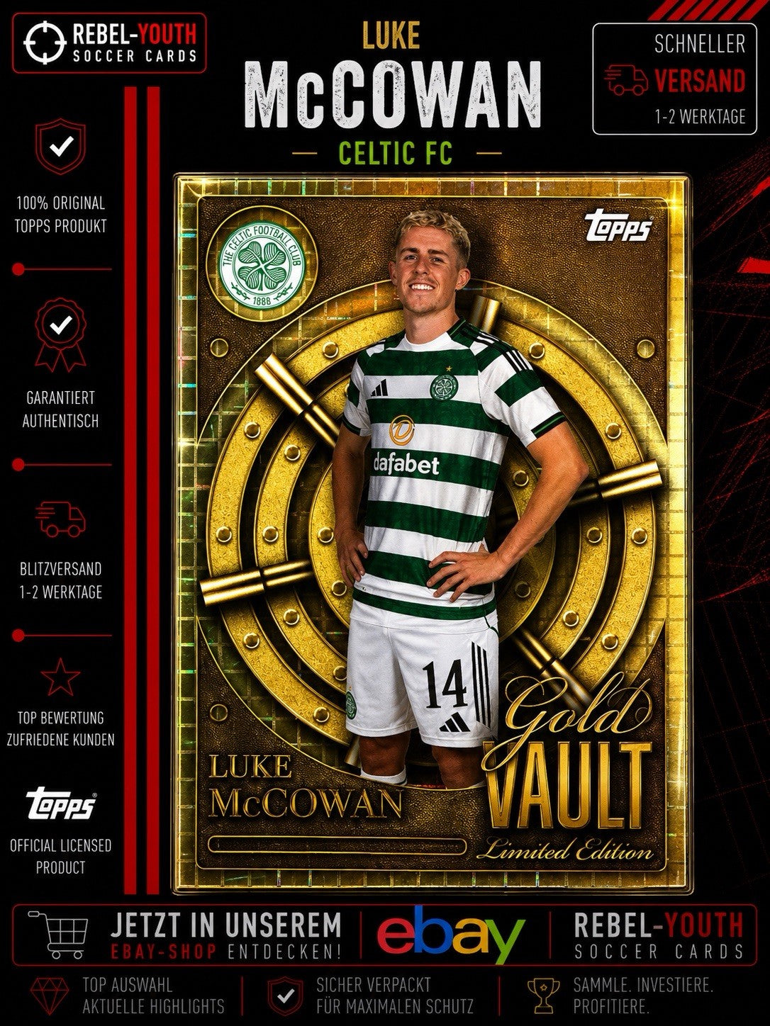 Luke McCowan Gold Vault Limited Edition Topps Celtic FC Soccer Card