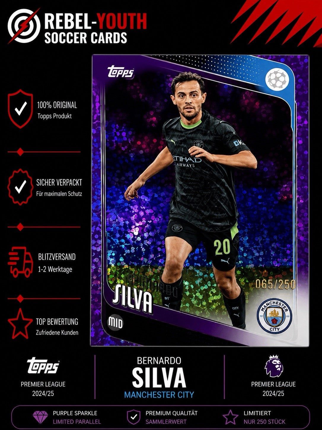 Bernardo Silva Purple Sparkle /250 Manchester City Topps Premier League 2024/25