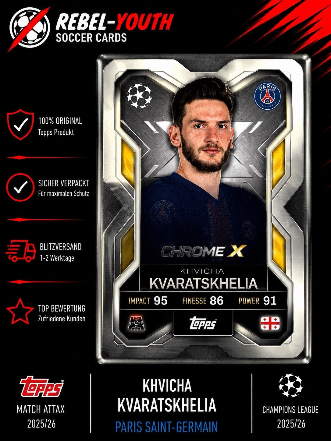 Match Attax Champions League 2025/2026 Chrome X Shield CX7 Kvaratskhelia PSG