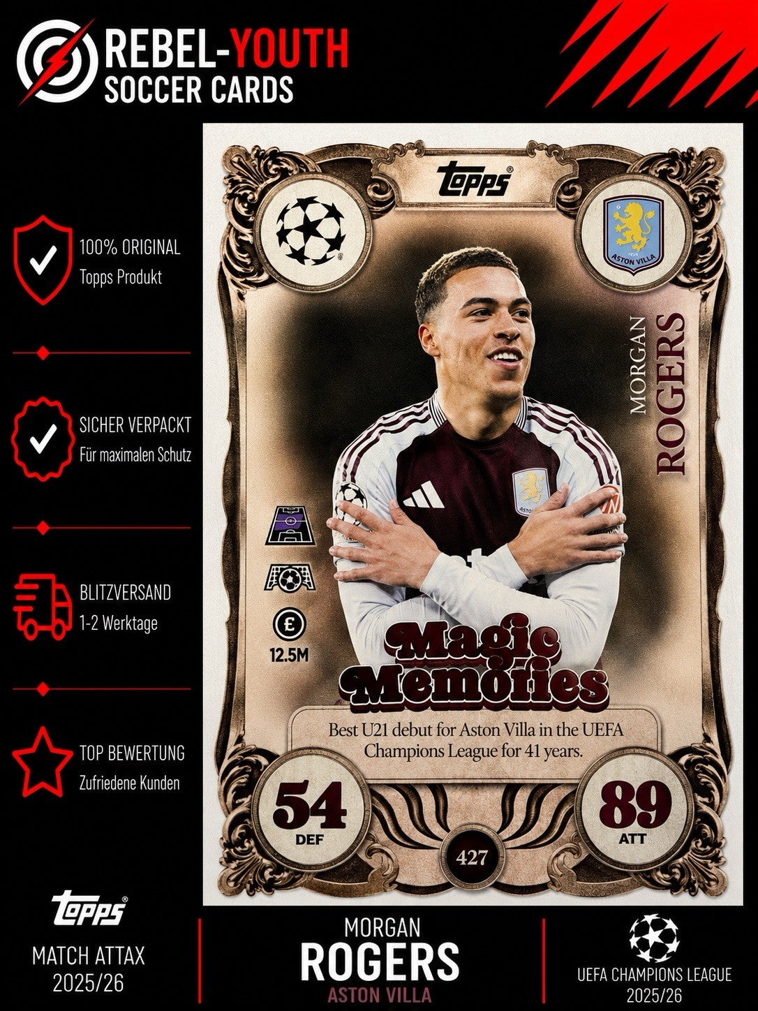 Topps Match Attax UCC 25/26 Morgan Rogers Magic Memories Nr.427 Aston Villa FC