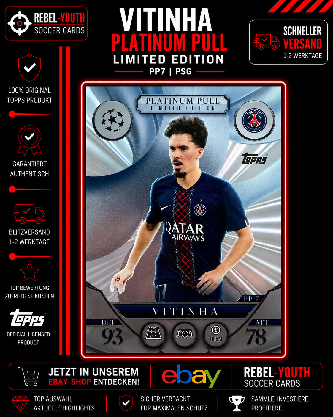 Topps UEFA Champions League Vitinha Paris Saint-Germain Platinum Pull Limited
