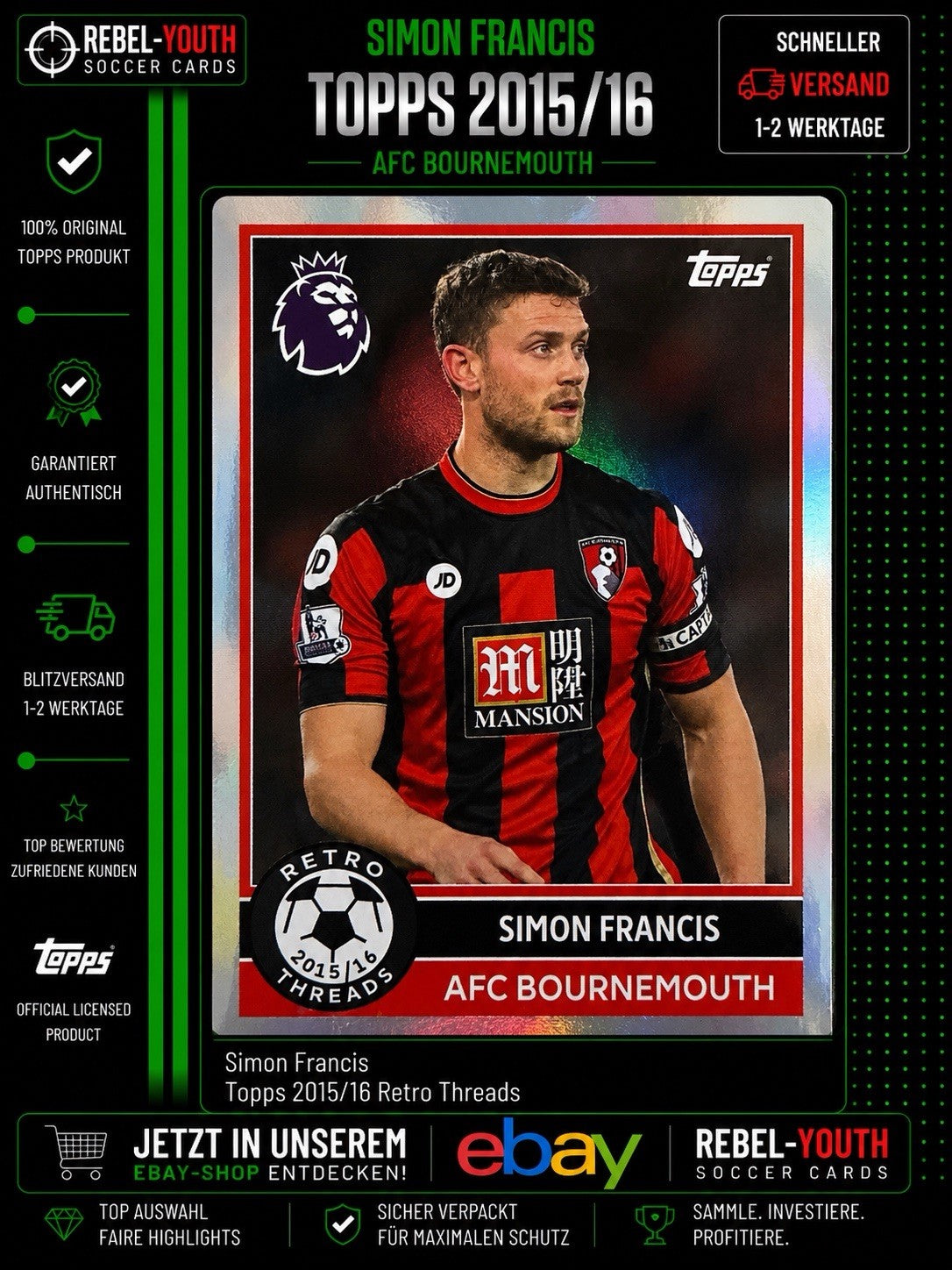 Simon Francis Topps 2015/16 Retro Threads AFC Bournemouth Insert Premier League