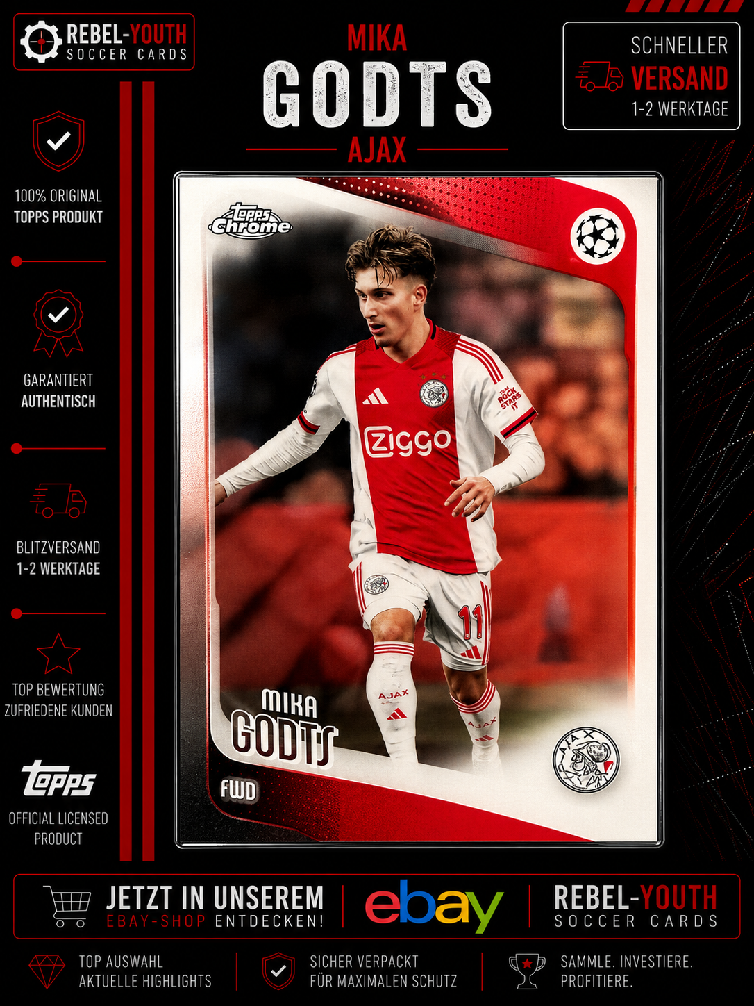 Mika Godts Topps Chrome 2025/26 Ajax Amsterdam Base Card UCC UEFA
