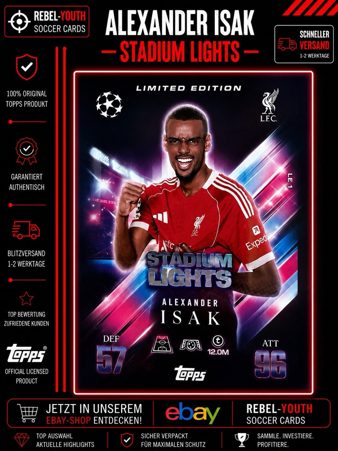 Alexander Isak Stadium Lights Limited Edition Topps Liverpool FC UCL Insert