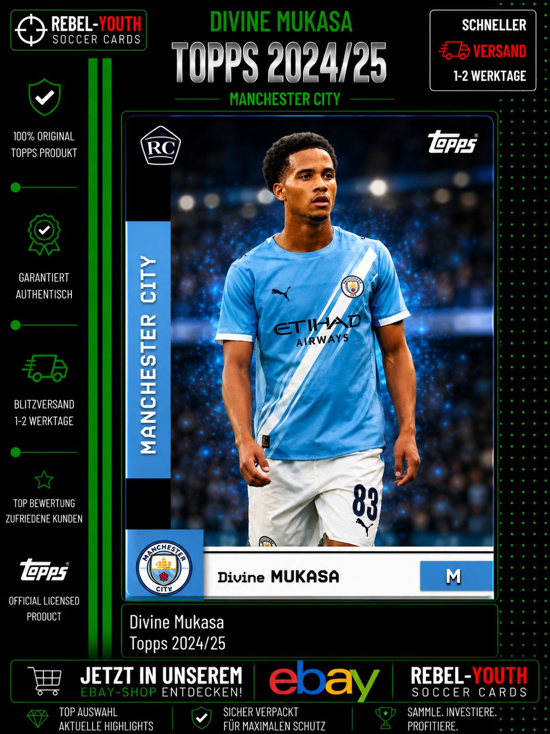 2024-25 Topps Manchester City Divine Mukasa RC Rookie Card Base