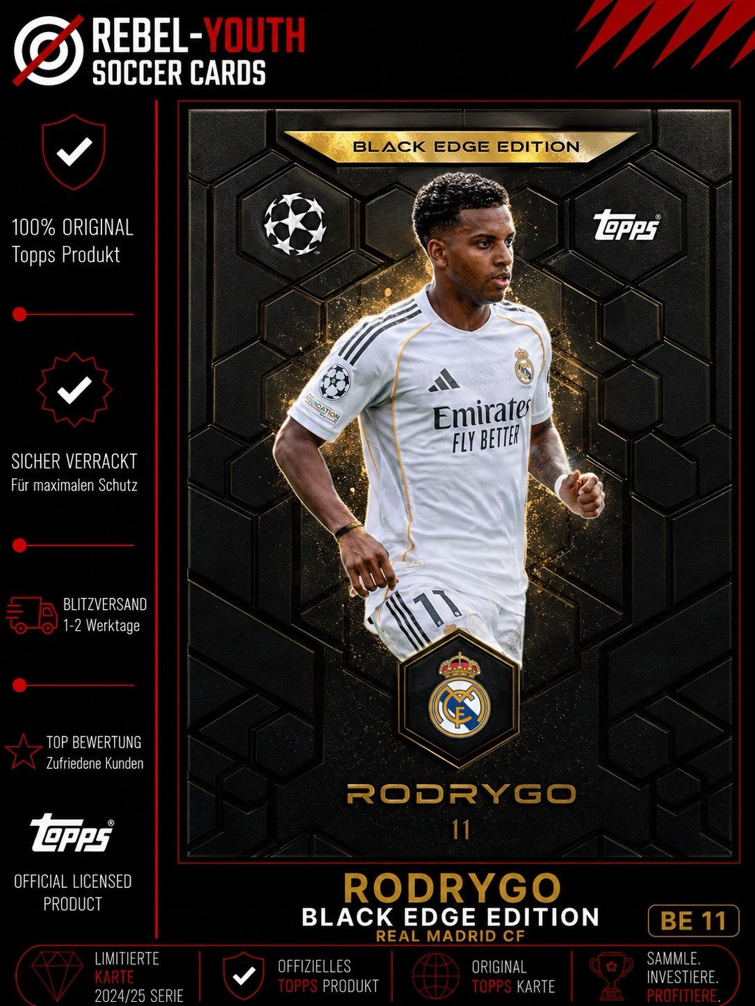 Topps BLACK EDGE edition BE4 " RODRYGO " by MATCH ATTAX ChampionsLeague 25/26