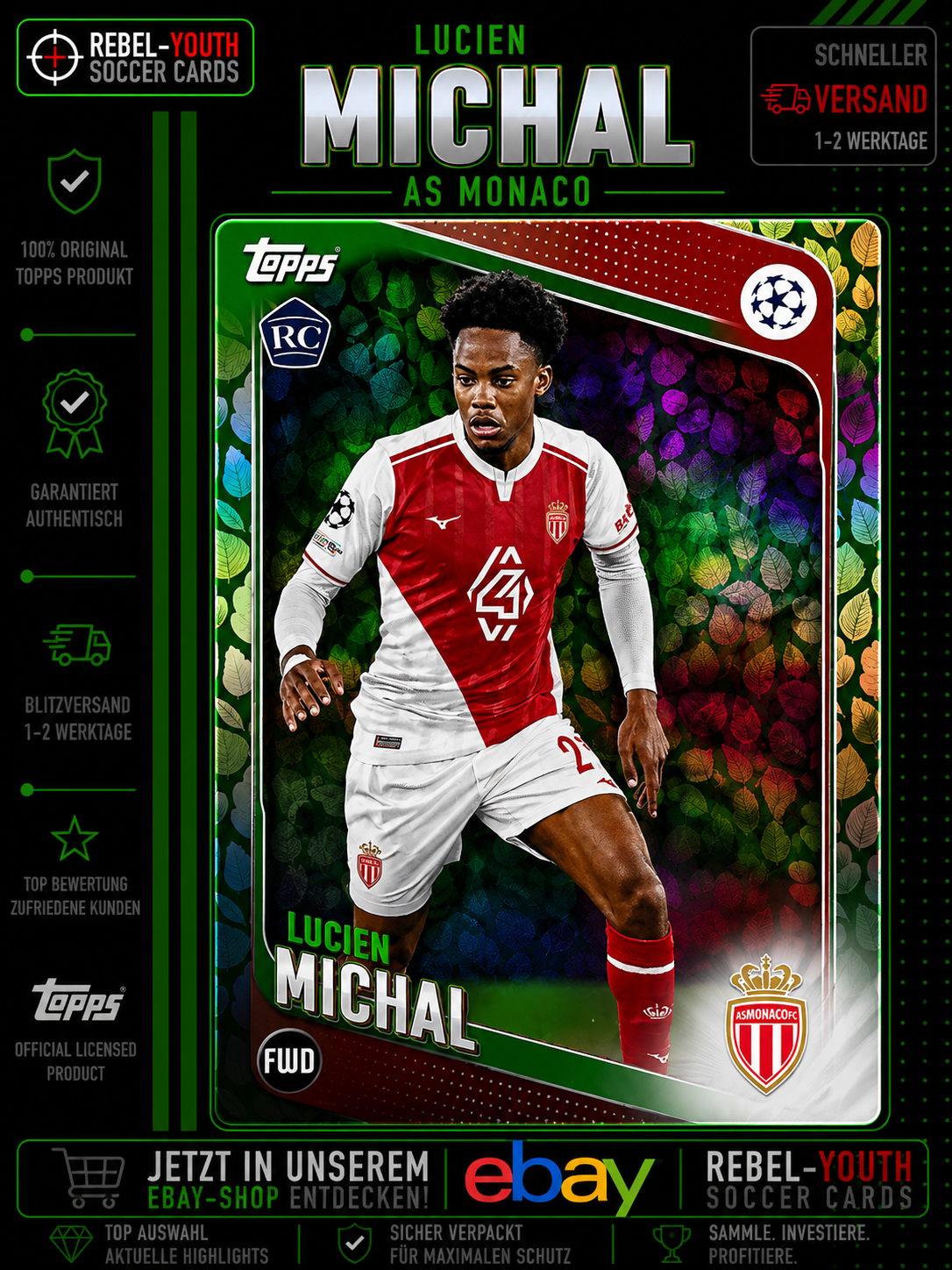 2025-26 Topps UEFA Lucien Michal RC Leaf Para2025-26 Topps llel Rookie AS Monaco