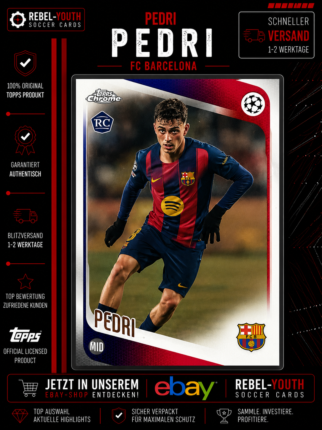 Pedri Topps Chrome 2025/26 FC Barcelona Base Card UCC UEFA Spain