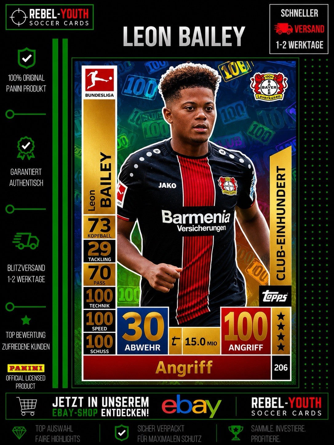 Leon Bailey Club 100 #206 Bayer Leverkusen Match Attax Bundesliga 2018/19 Topps