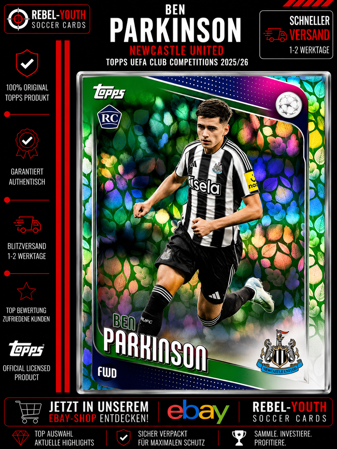 Ben Parkinson RC Green Leaf Parallel Topps UEFA Club Competitions 2025/26 Newcas