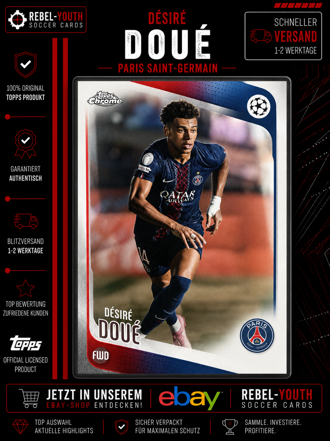 Désiré Doué Topps Chrome 2025/26 Paris Saint-Germain PSG Base Card UCC UEFA