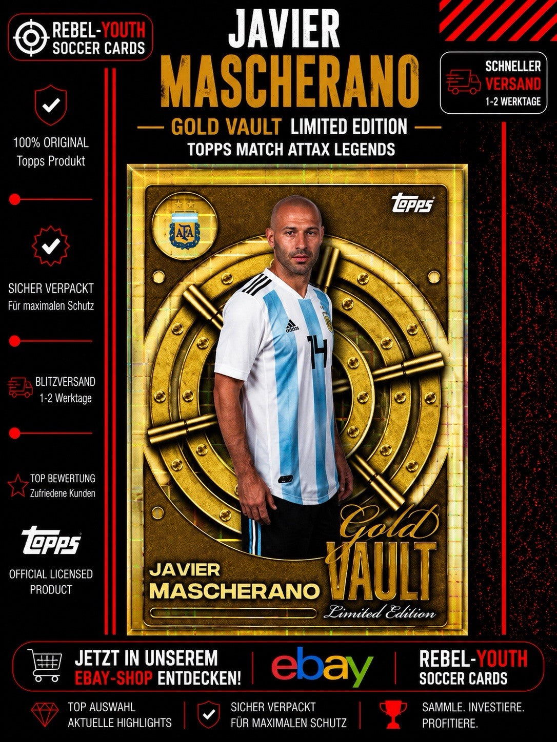Javier Mascherano Gold Vault Limited Edition Argentina Topps Match Attax