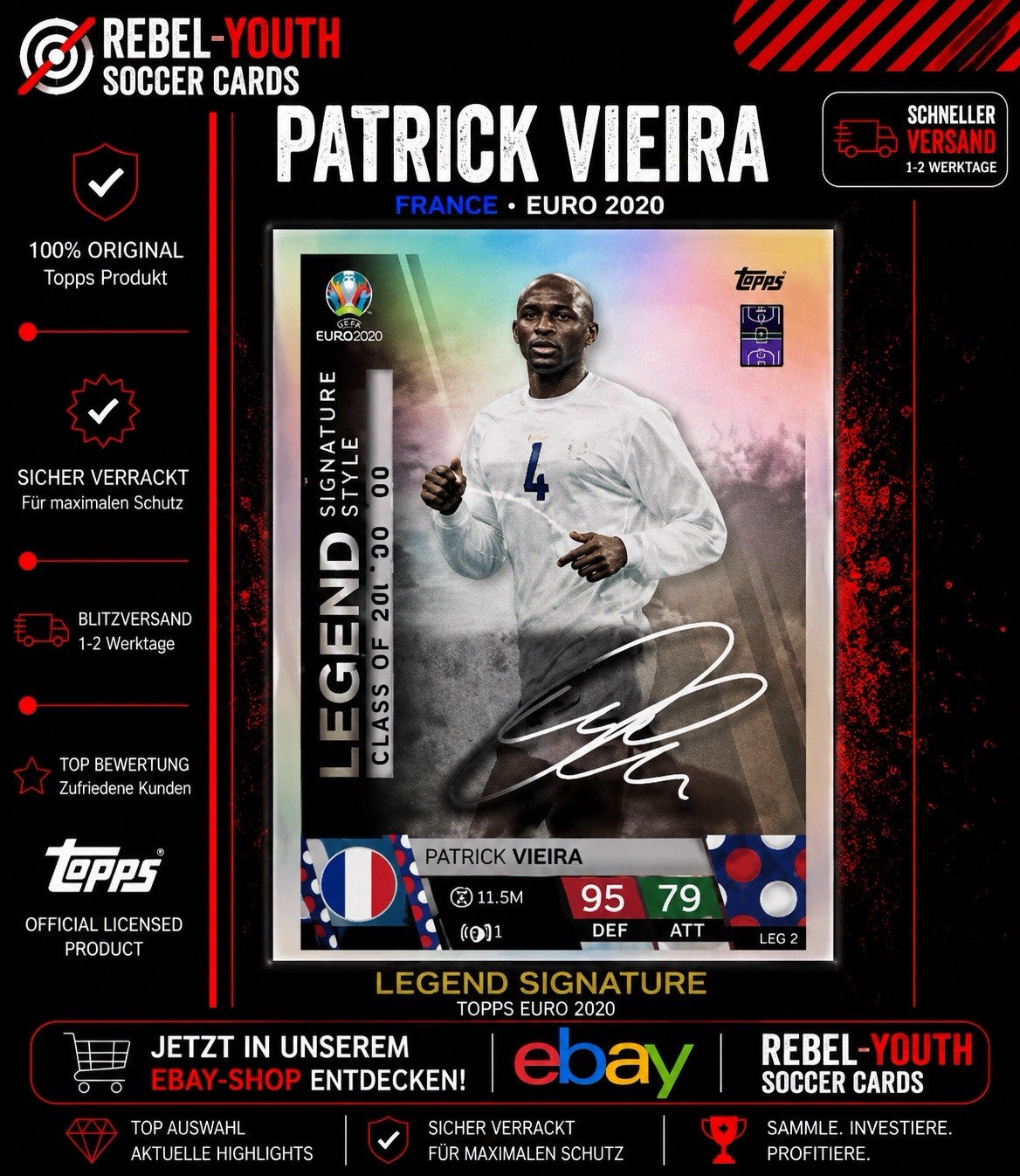 Patrick Vieira France Legend Signature Style Topps EURO 2020 Match Attax Card