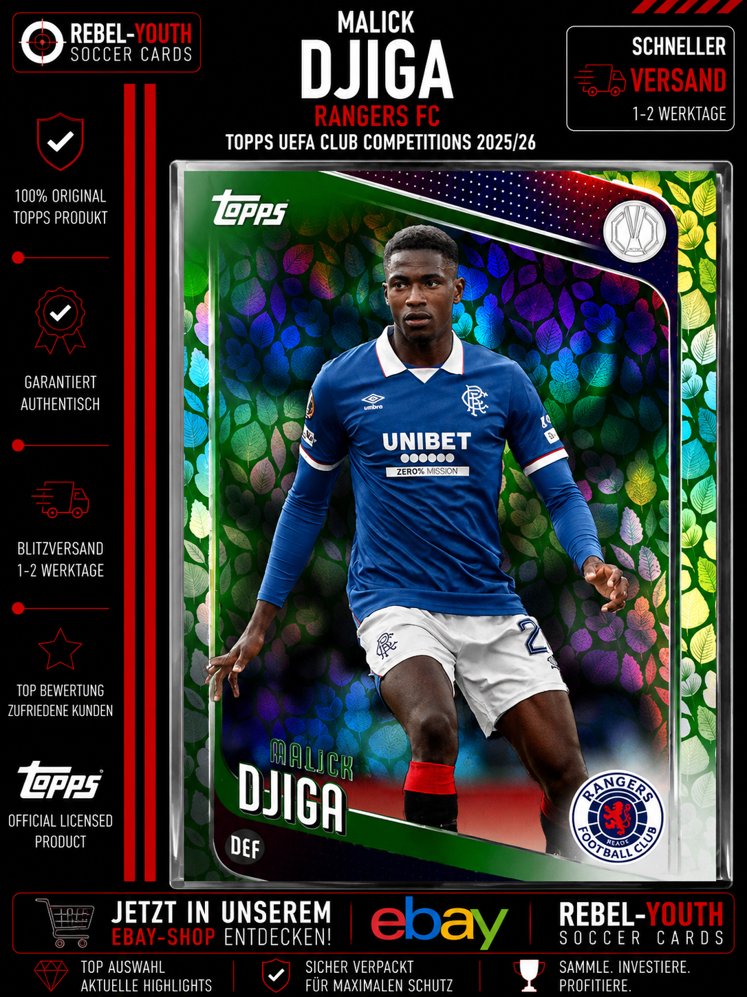 Malick Djiga Green Leaf Parallel Topps UEFA Club Competitions 2025/26 Rangers FC