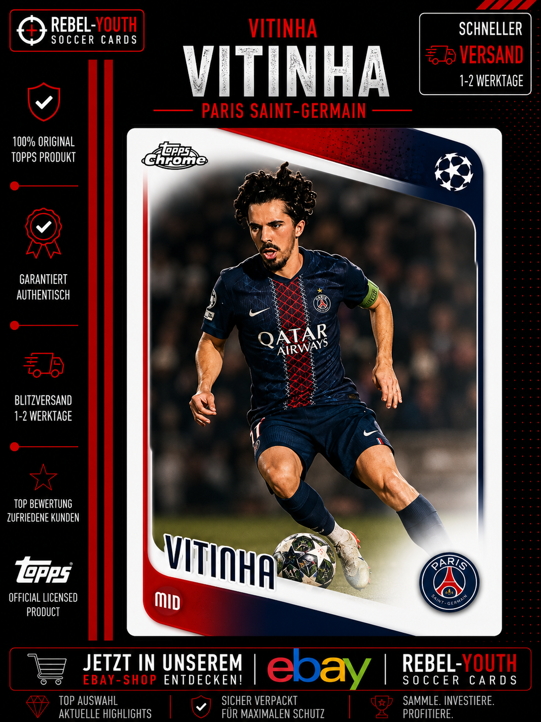Vitinha Topps Chrome Paris Saint-Germain PSG UEFA Champions League Base Card