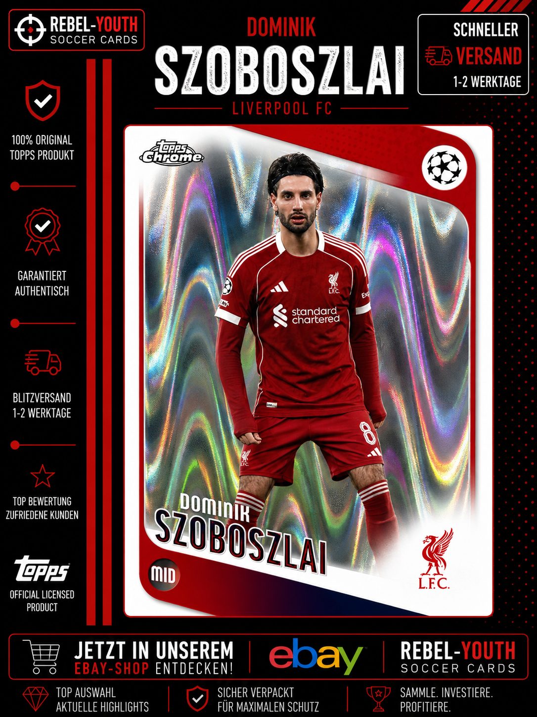 2025-26 Topps Chrome UEFA Dominik Szoboszlai Wave Refractor Liverpool FC #93