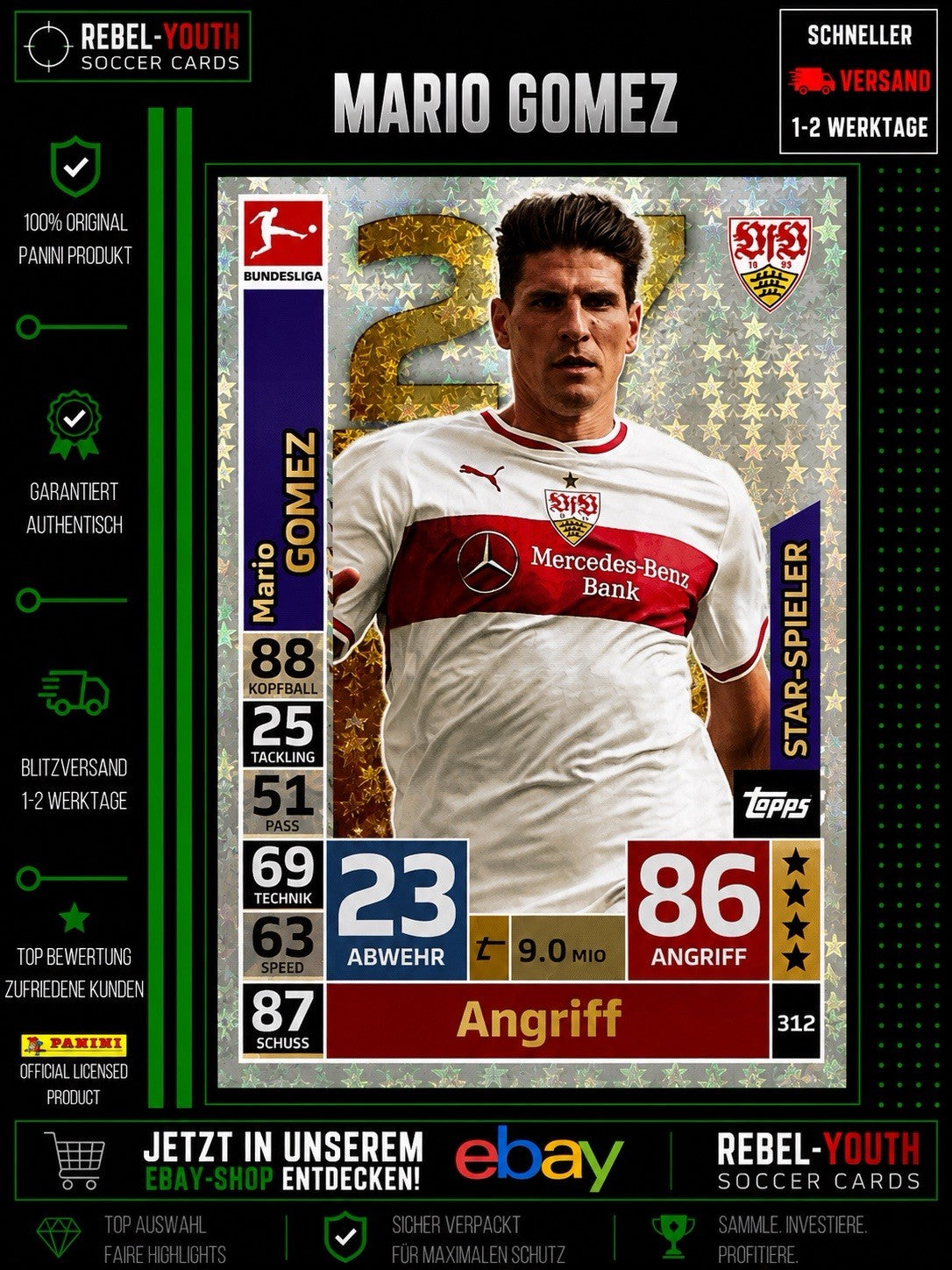 Mario Gomez Star-Spieler #312 Topps Match Attax 2018/19 VfB Stuttgart