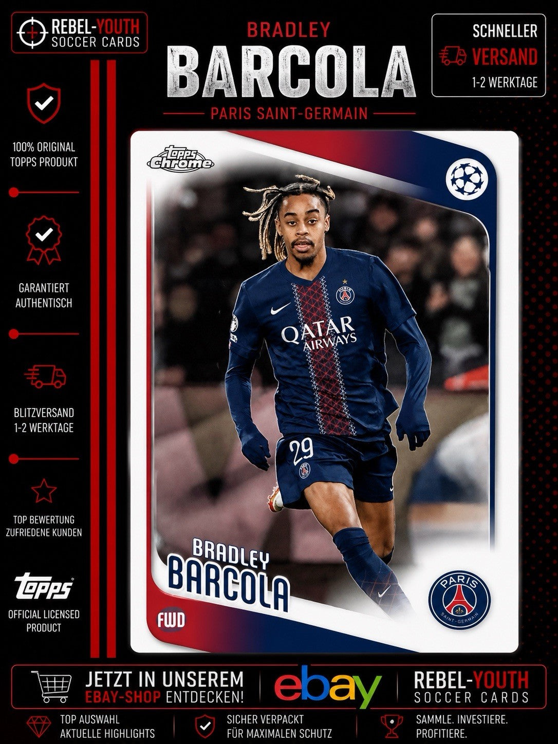 2024-25 Topps Chrome UEFA Bradley Barcola PSG Base Card
