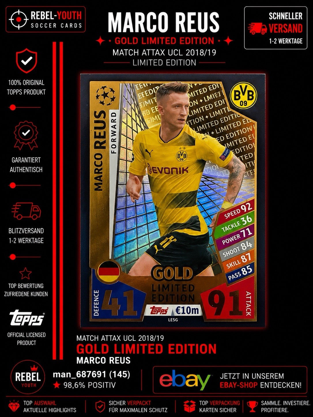 Match Attax 17/18 Reus Limited Edition Gold Borussia Dortmund 2017/18 #LE5G