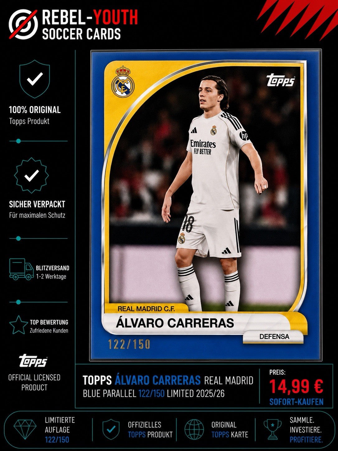 Topps Álvaro Carreras Blue Parallel 122/150 Real Madrid Limited 2025/26