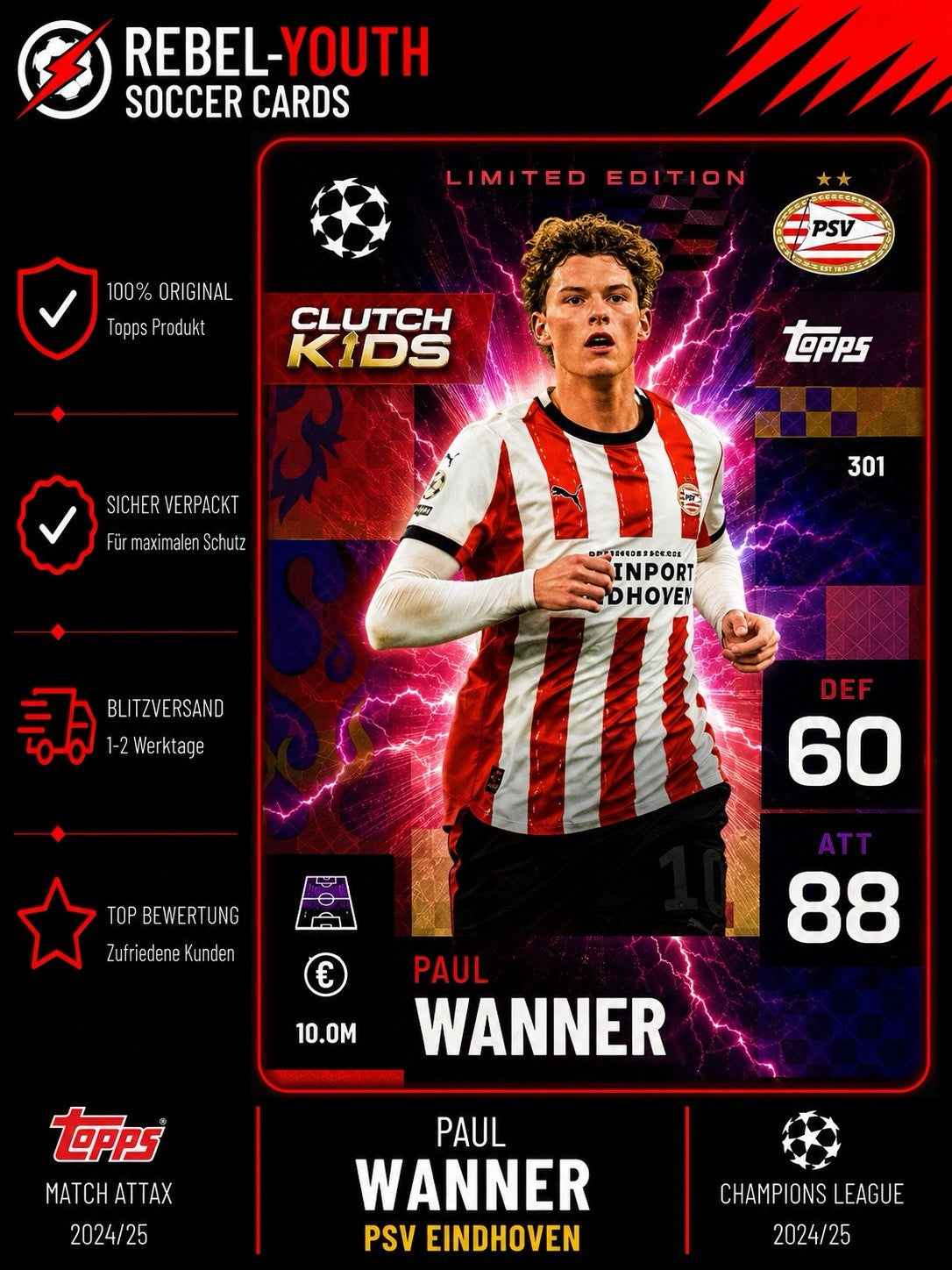 Match Attax Extra 25/26 Paul Wanner Clutch Kids #308 PSV Eindhoven 2025/2026