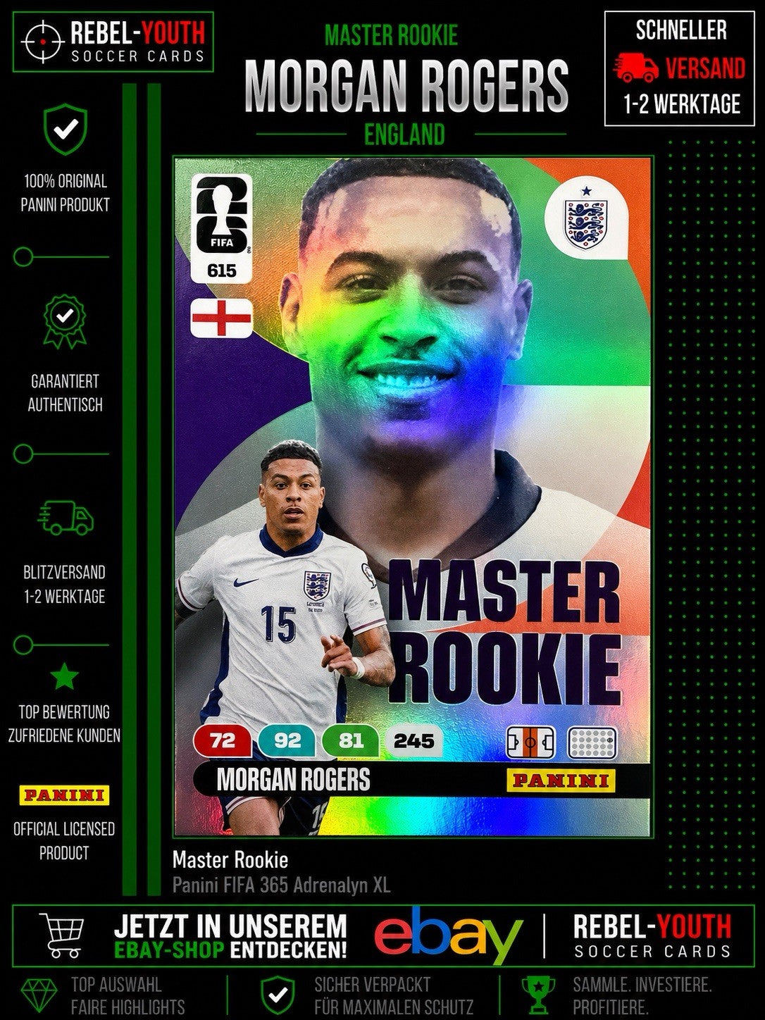 MORGAN ROGERS PANINI ADRENALYN WORLD CUP 2026 MASTER ROOKIE 615 ENGLAND CARDS