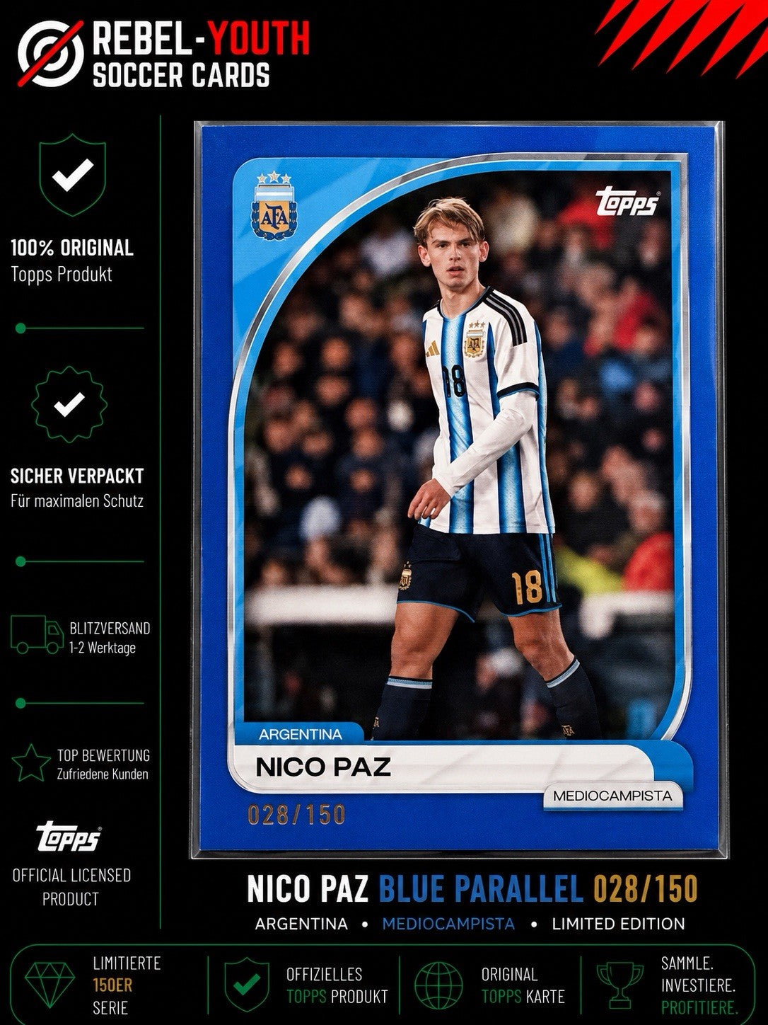 Nico Paz Topps Argentina Blue Parallel 028/150 Real Madrid Como Limited 2025/26