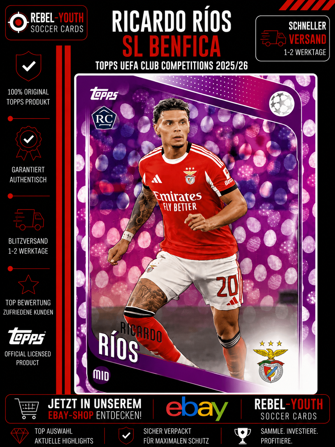 2025/26 Topps UEFA Club Competitions Ricardo Ríos Benfica Purple Parallel