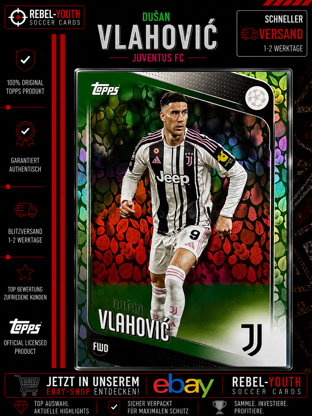 Dušan Vlahović Green Leaf Parallel Topps UEFA Club Competitions 2025/26 Juventus