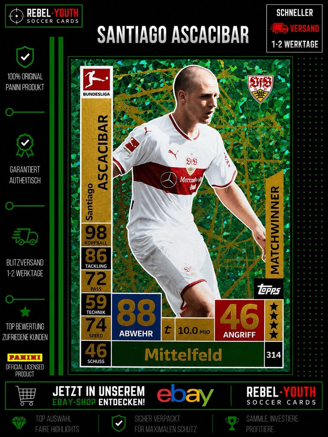 Santiago Ascacibar Matchwinner #314 Topps Match Attax 2018/19 VfB Stuttgart