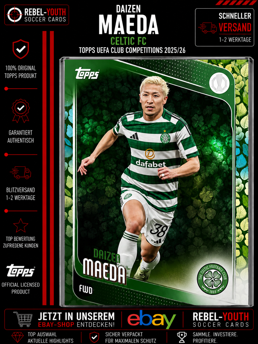 Daizen Maeda Green Leaf Parallel Topps UEFA Club Competitions 2025/26 Celtic FC