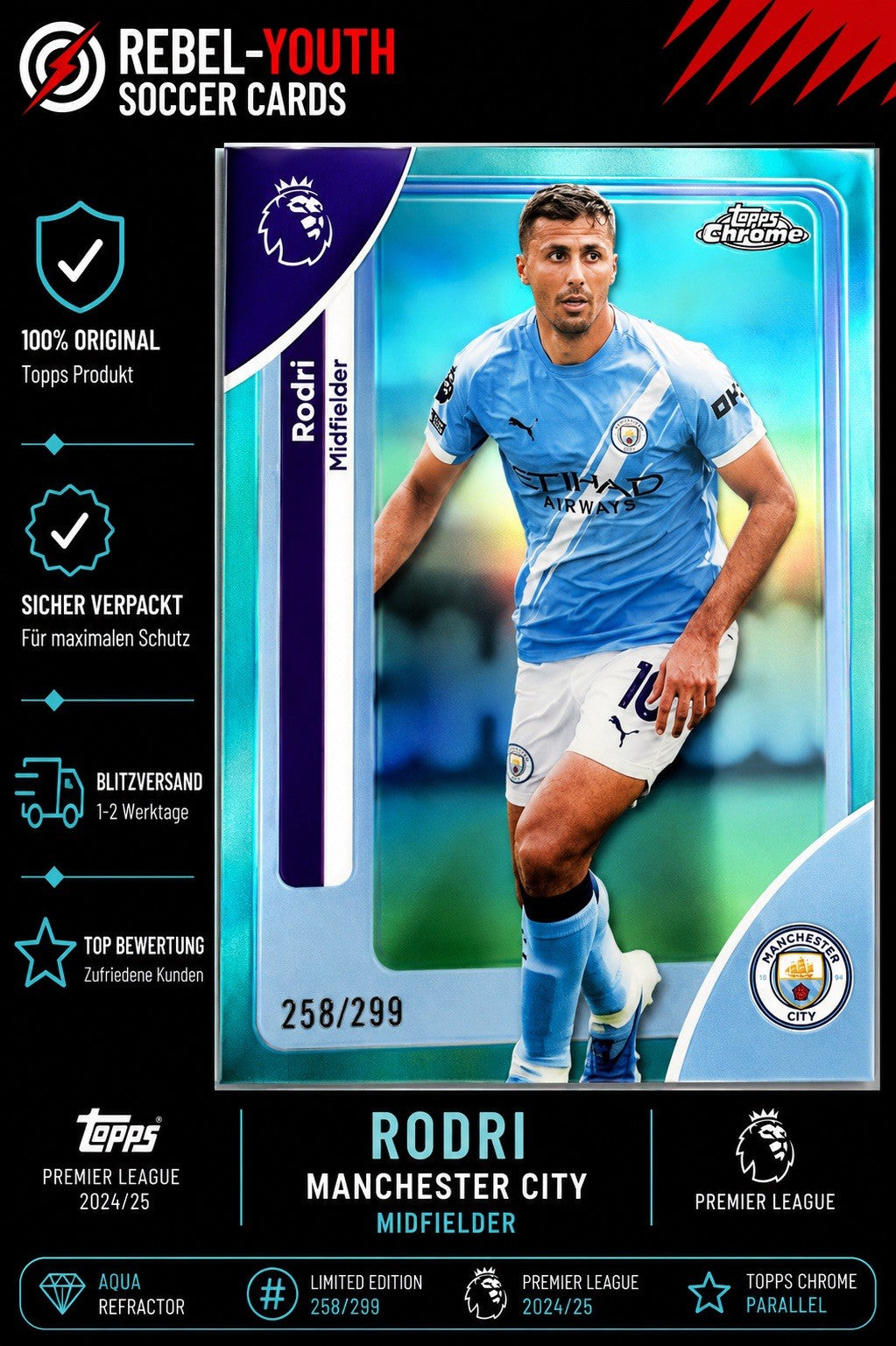 Rodri Topps Chrome Premier League Aqua Refractor 258/299 Manchester City