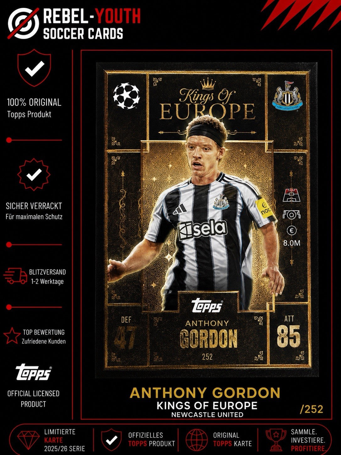 Match Attax Champions League Extra 25/26 King of Europe Anthony Gordon Newcastle