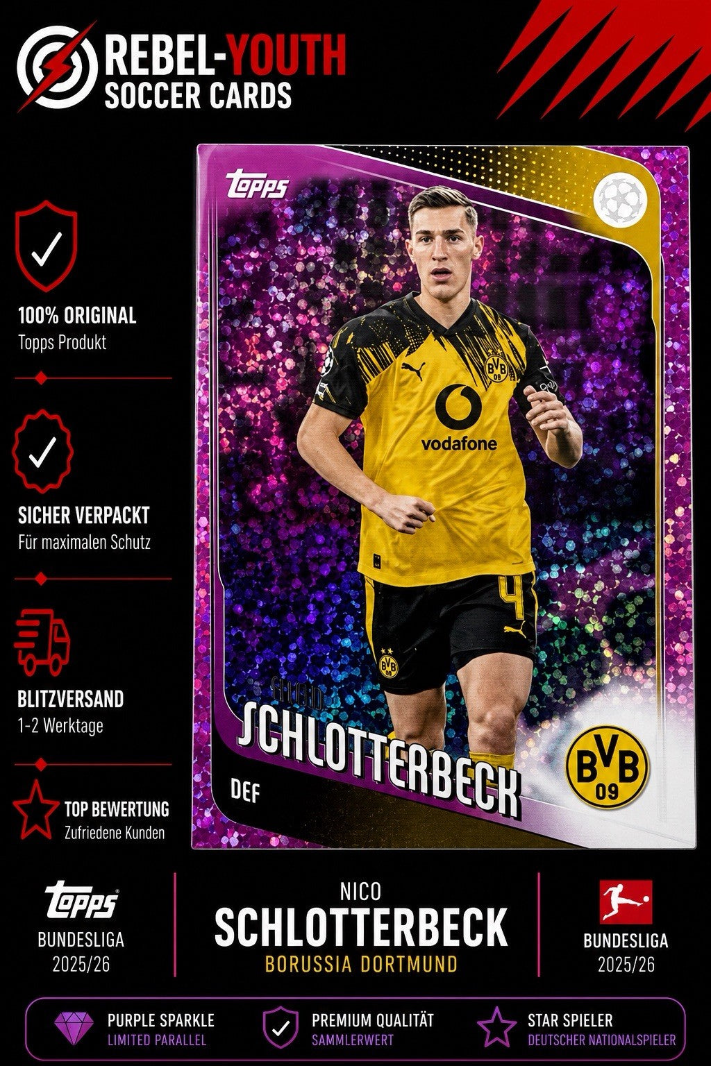 Nico Schlotterbeck Purple Sparkle Borussia Dortmund Topps Bundesliga 2025/26 BVB