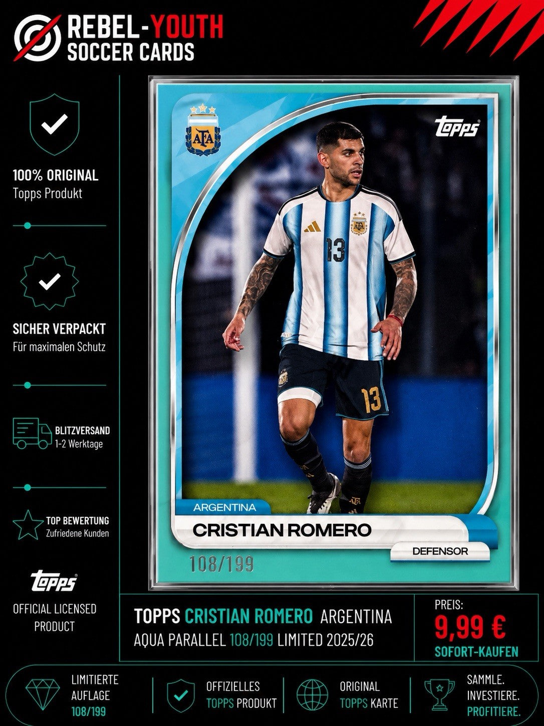 Topps Cristian Romero Aqua Parallel 108/199 Argentina Limited Numbered 2025/26