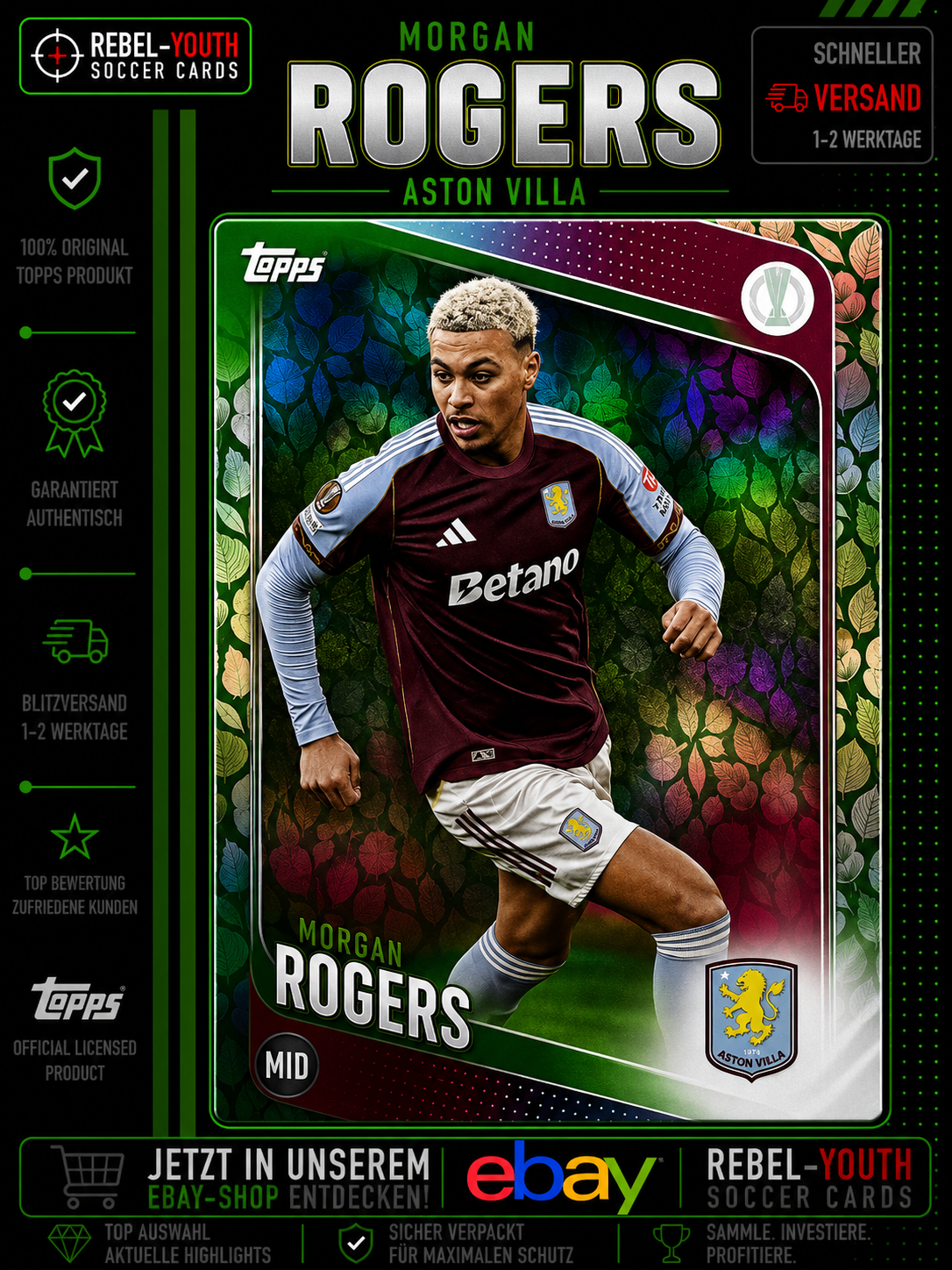 2025-26 Topps UEFA Morgan Rogers Leaf Parallel Aston Villa