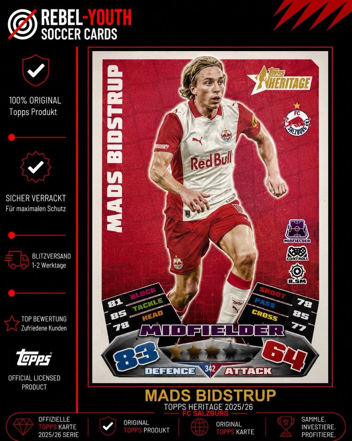 Mads Bidstrup FC Red Bull Salzburg Trading Card Fußball ohne Autogramm