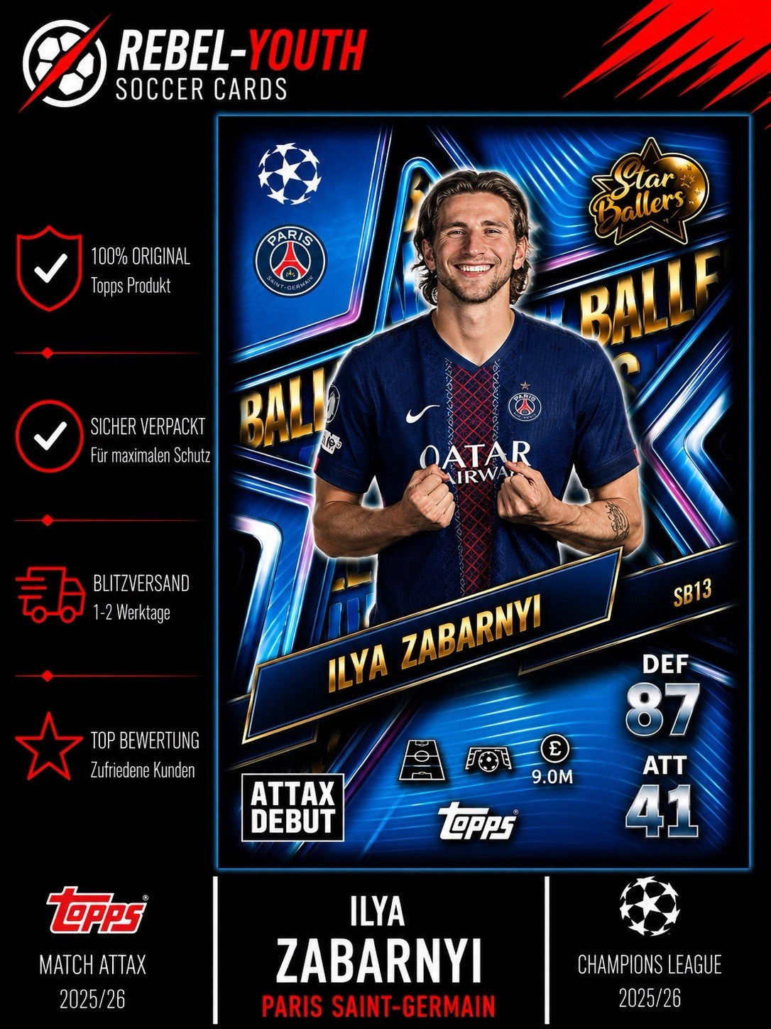 Topps Match Attax 2025/26 Ilya Zabarnyi Star Ballers SB13 PSG Attax Debut