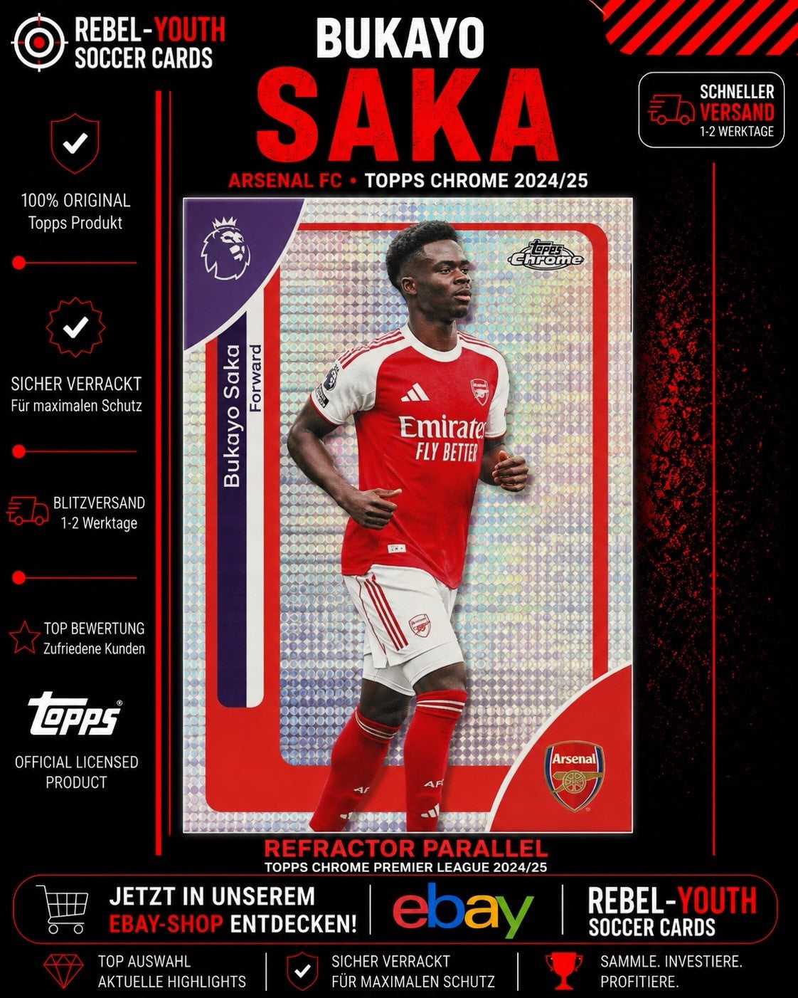 Bukayo Saka Arsenal Topps Chrome Premier League Silver Refractor Card