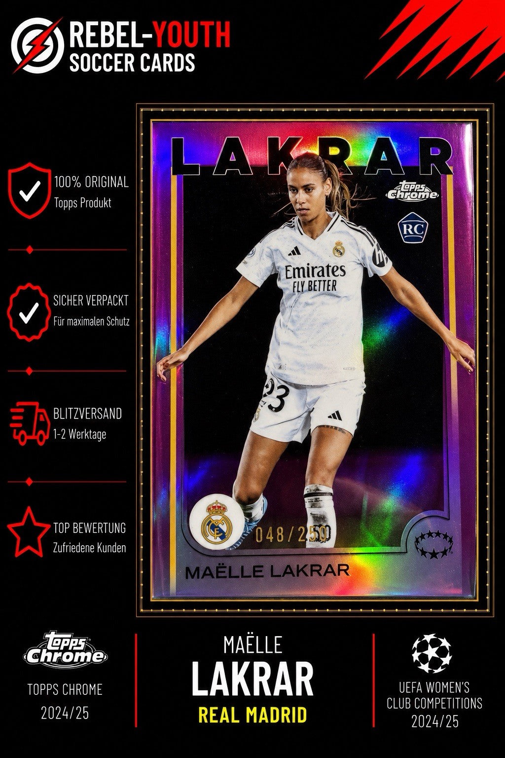 Maëlle Lakrar RC Topps Chrome Purple Refractor 048/250 Real Madrid Rookie