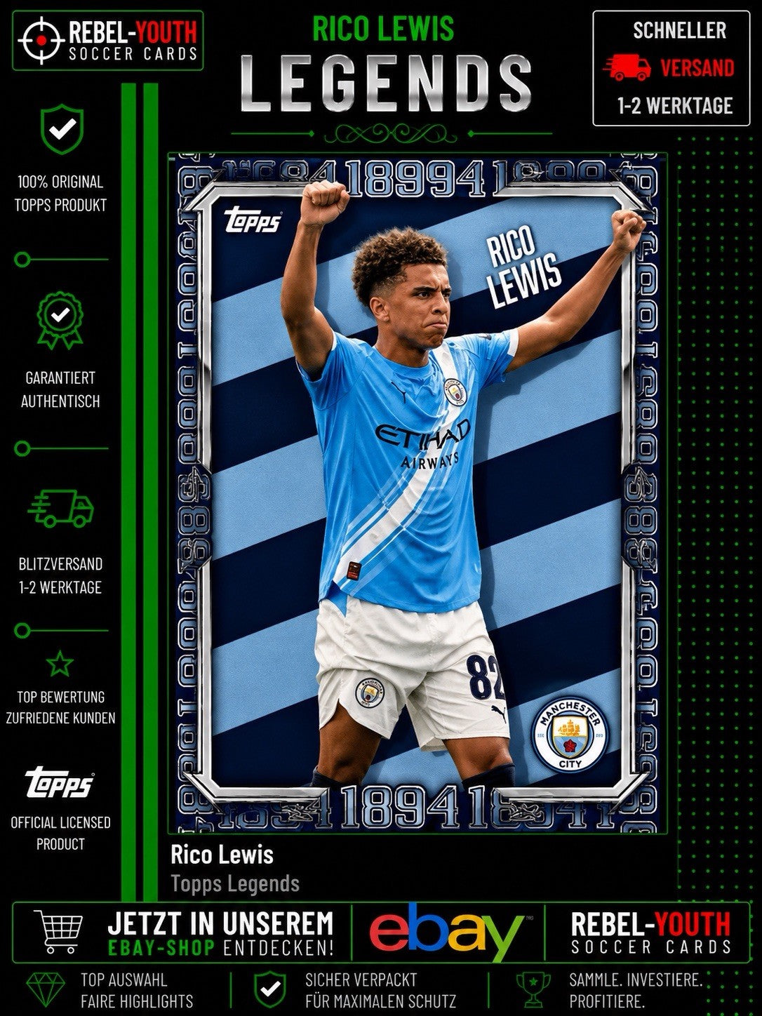 Rico Lewis Topps Legends Manchester City Insert Premier League Fußballkarte