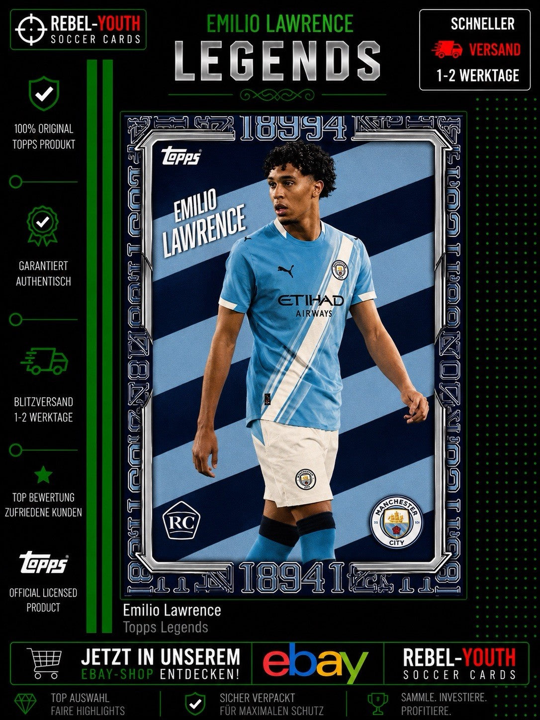 Emilio Lawrence RC Topps Legends Manchester City Rookie Insert Premier League