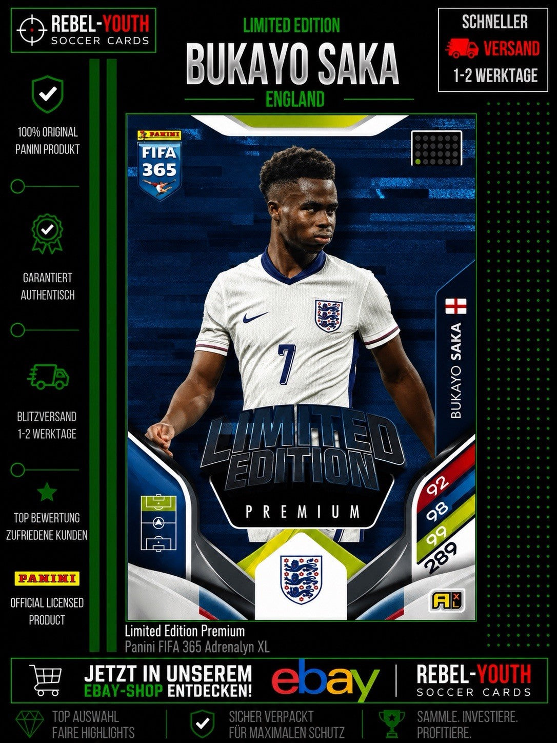 Bukayo Saka England Limited Edition Premium Adrenalyn XL Panini 365 Fifa