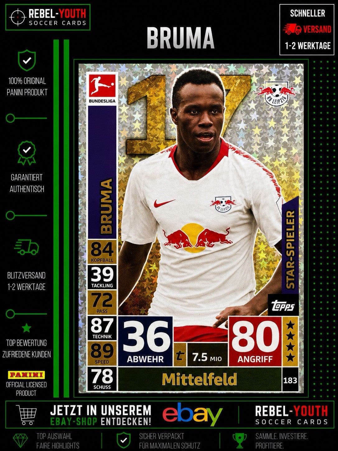 Bruma Star-Spieler #183 Topps Match Attax 2018/19 RB Leipzig