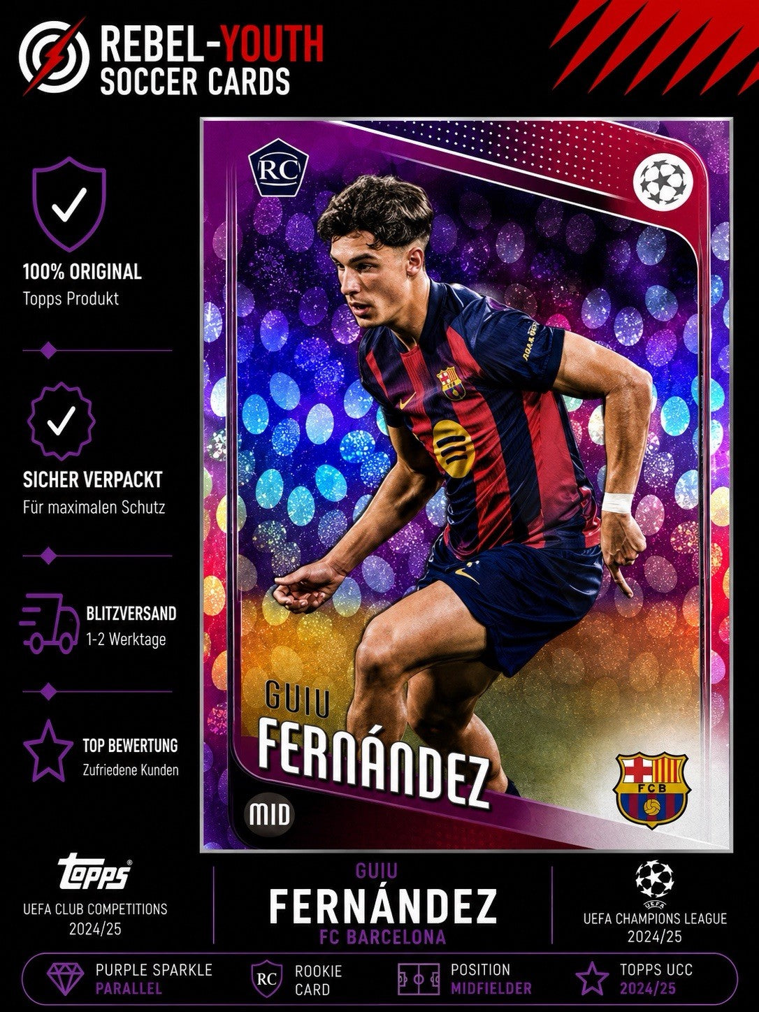 Guiu Fernández RC Purple Sparkle Parallel Topps UCC 2024/25 FC Barcelona Rookie