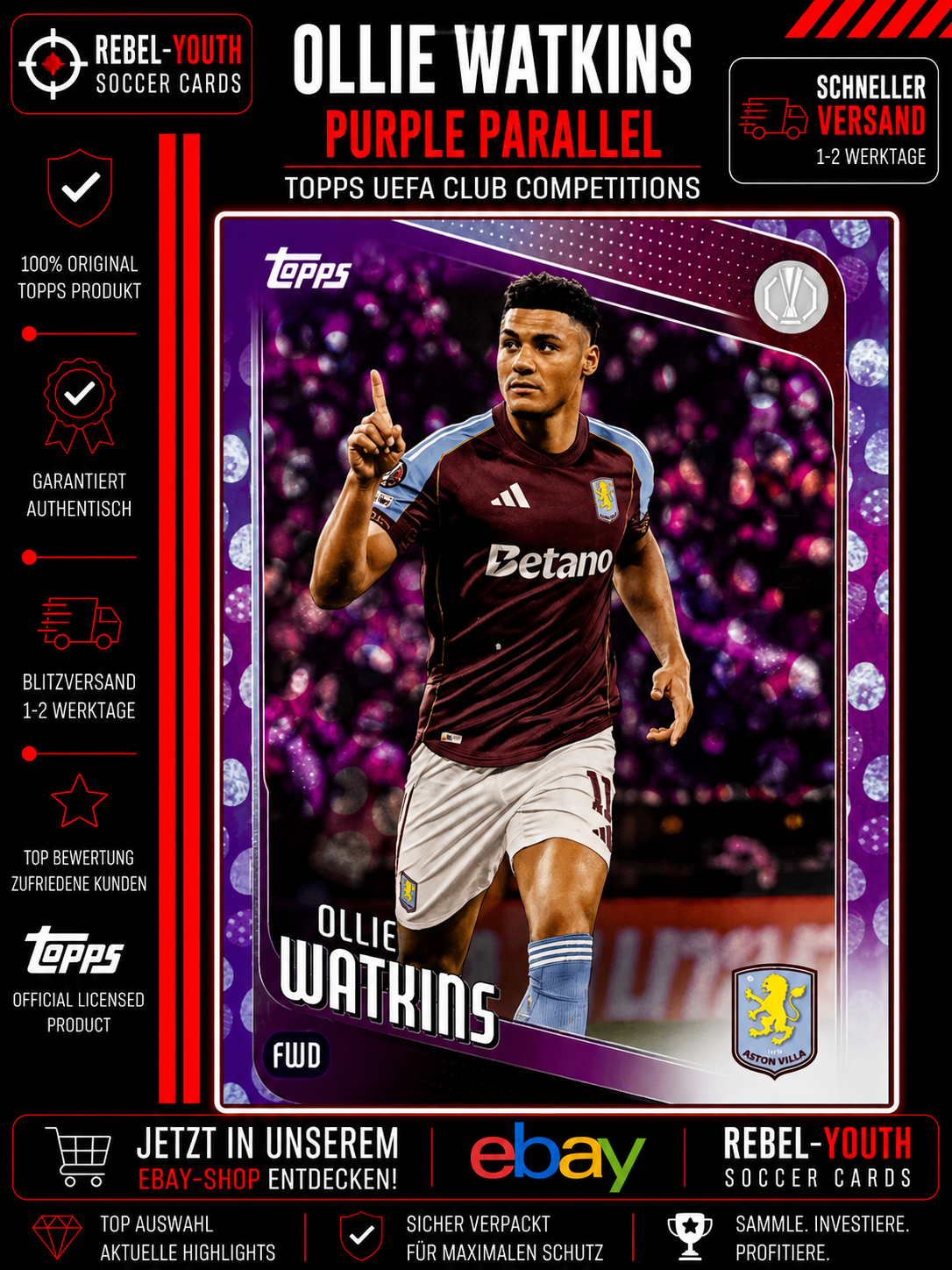 Ollie Watkins Topps UEFA Club Competitions Purple Parallel Aston Villa England
