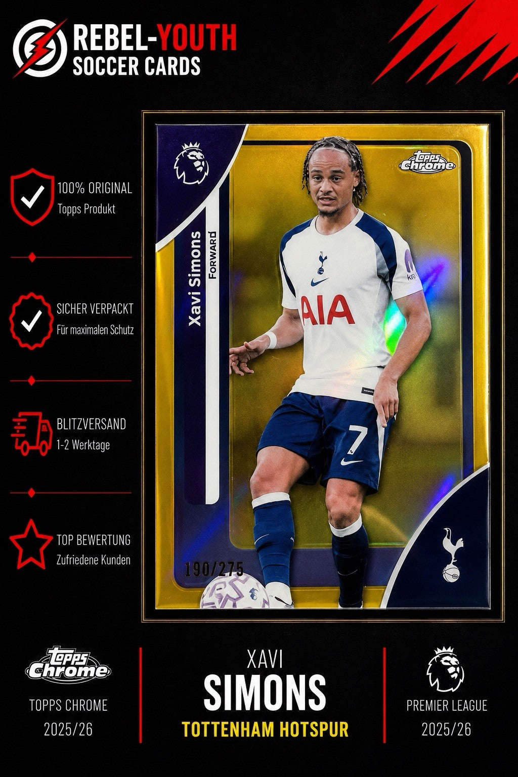 Xavi Simons Topps Chrome Gold Refractor 170/275 Tottenham Hotspur 2025/26