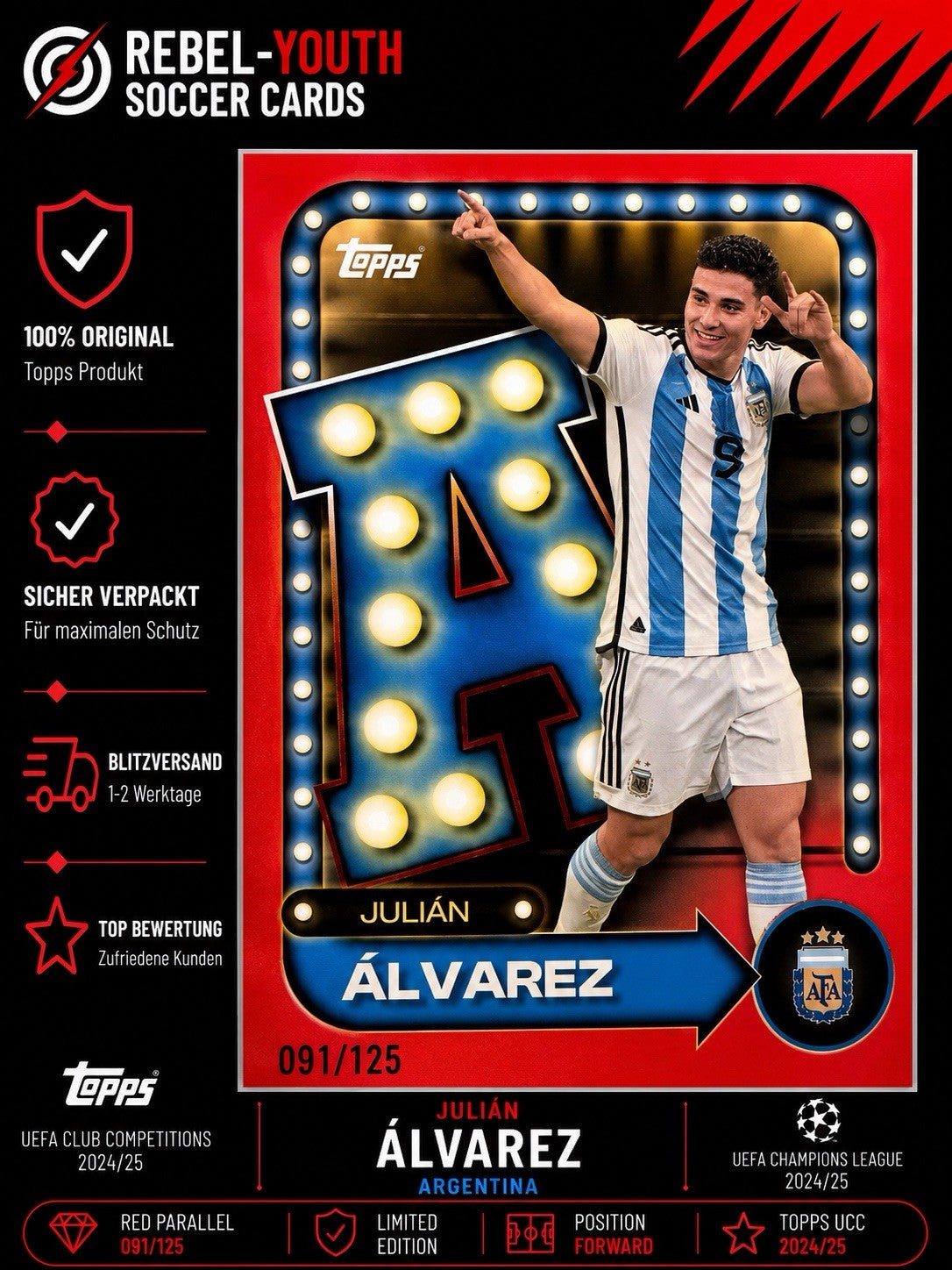 Julián Álvarez Born Champ Red Parallel 091/125 Argentina Topps UCC 2025/26