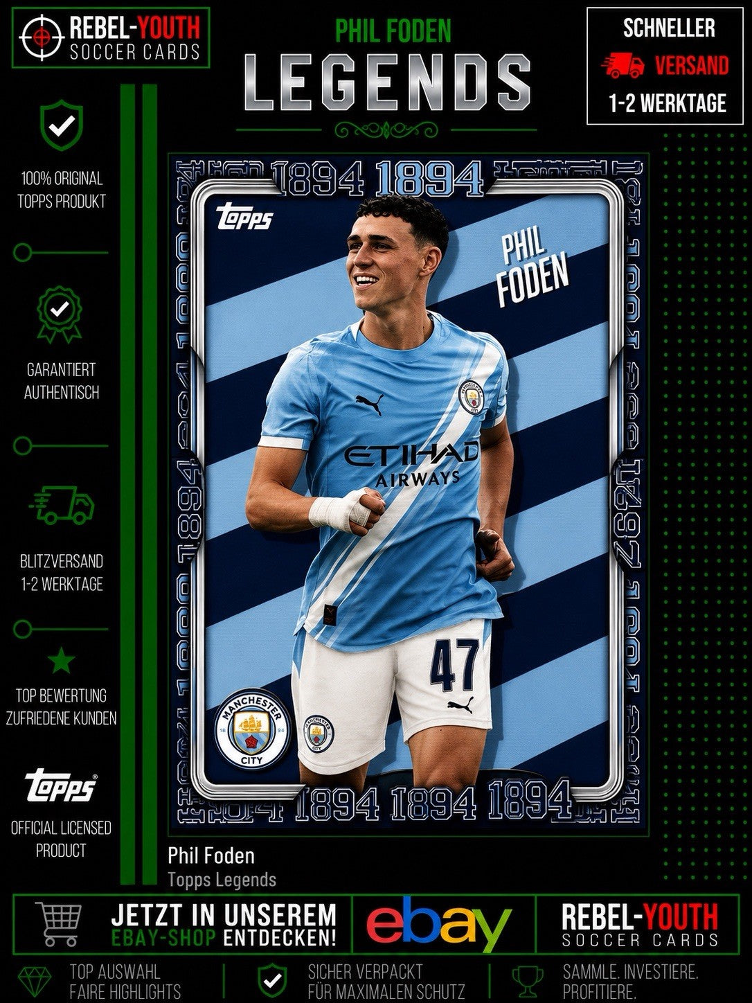 Phil Foden Topps Legends Manchester City Insert Premier League Fußballkarte